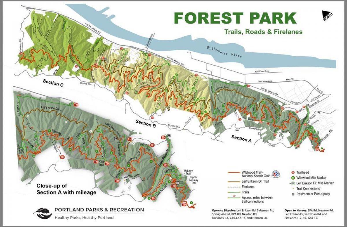 mapa do Parque Forestal de Portland Oregon